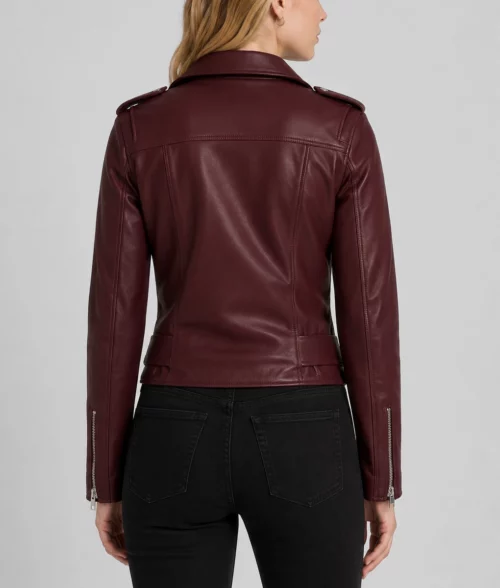 Womens Maroon Belted Biker Leather Jacket - Back