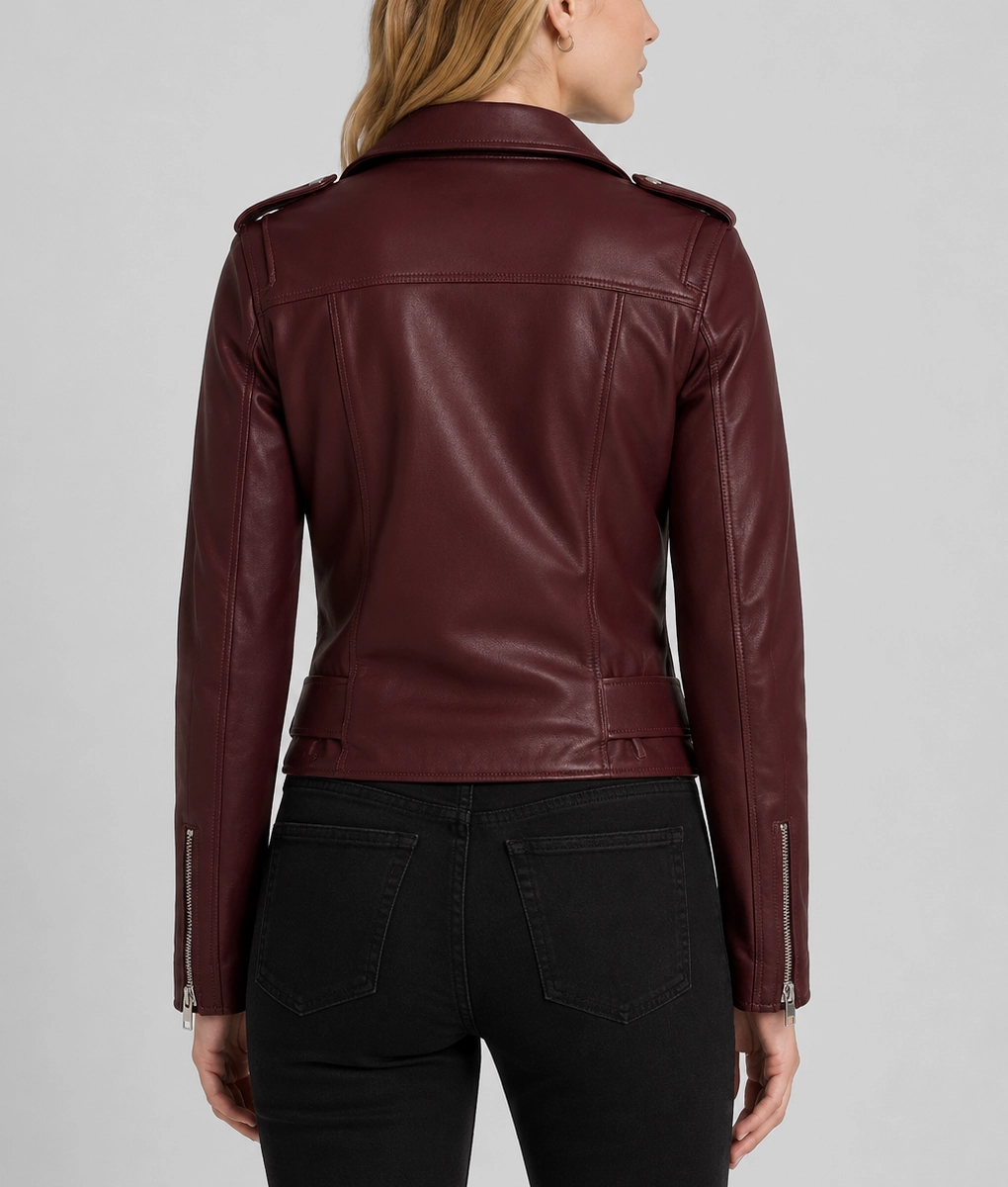 Womens Maroon Belted Biker Leather Jacket - Back