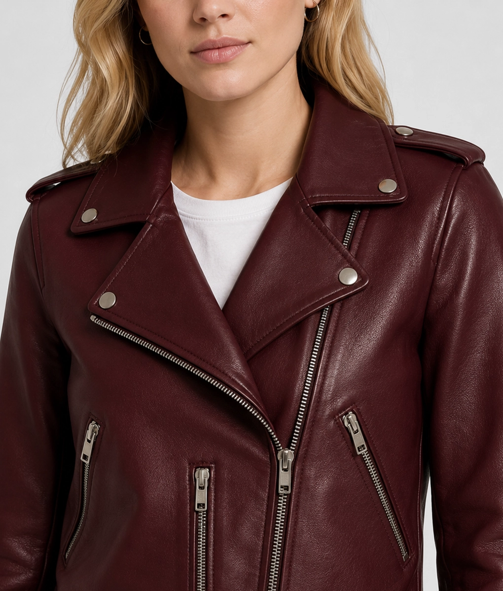 Womens Maroon Belted Biker Leather Jacket - Collar