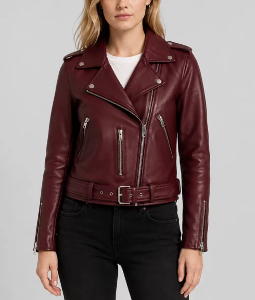 Womens Maroon Belted Biker Leather Jacket - Front