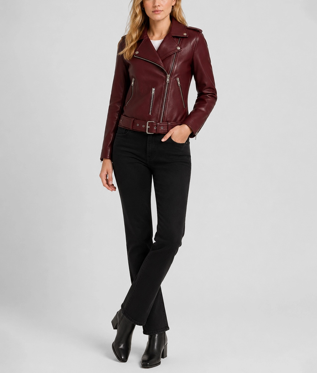 Womens Maroon Belted Biker Leather Jacket - Full