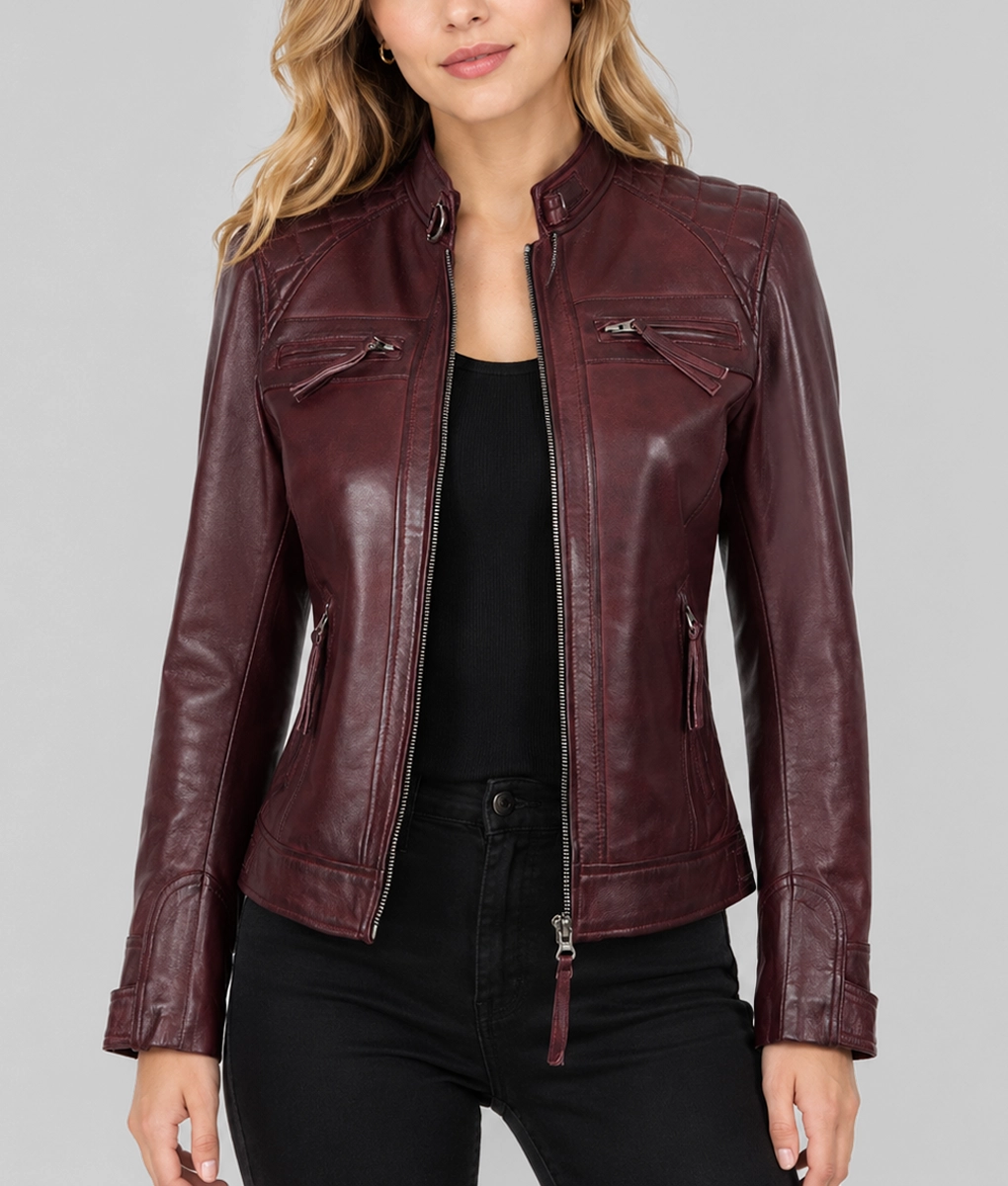 Womens Maroon Quilted Shoulder Leather Jacket - Front