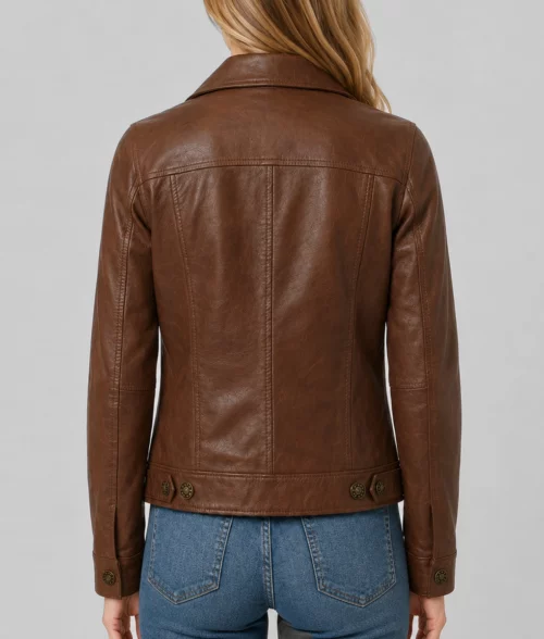 Womens Modern Brown Leather Trucker Jacket - Back