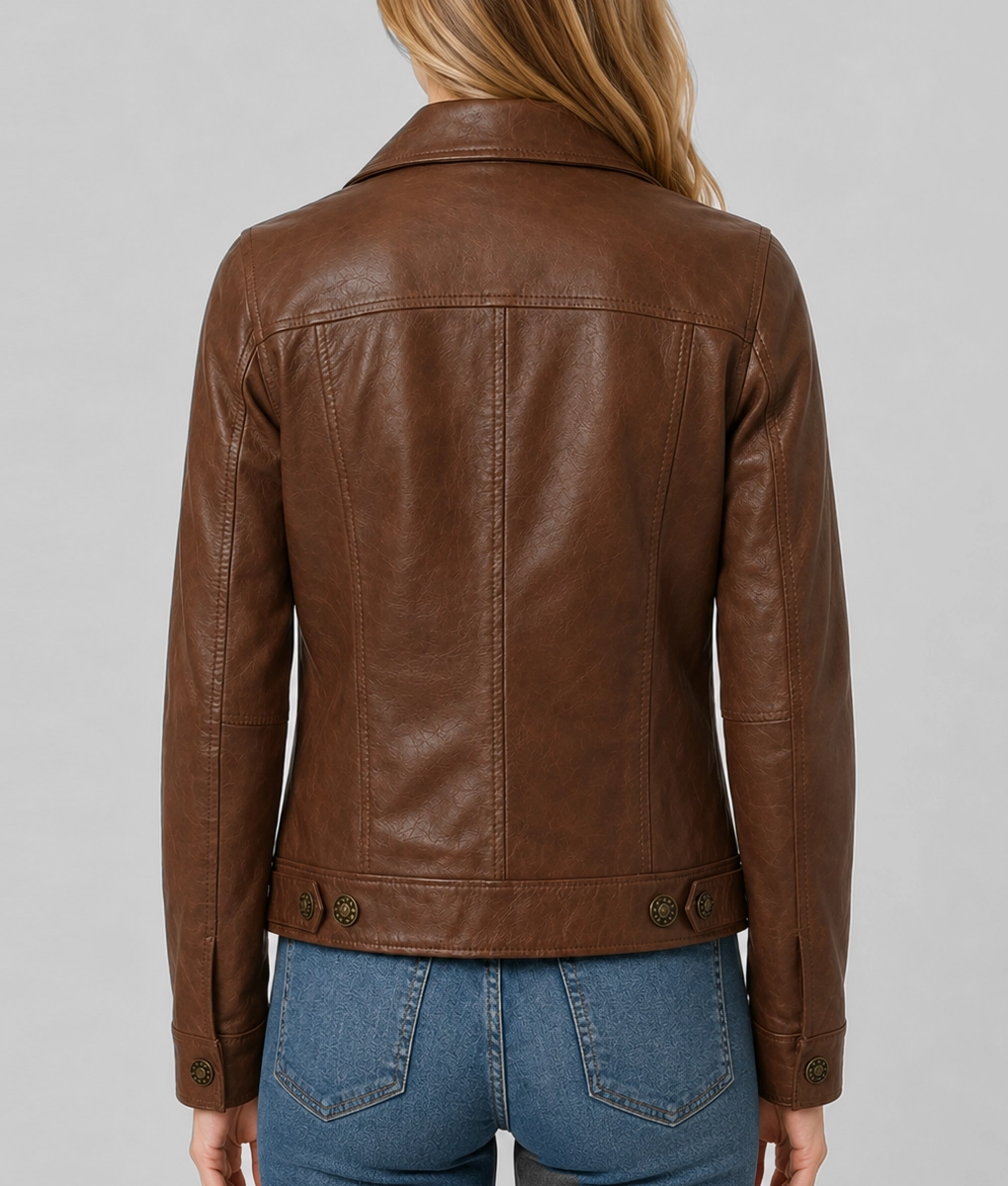 Womens Modern Brown Leather Trucker Jacket - Back