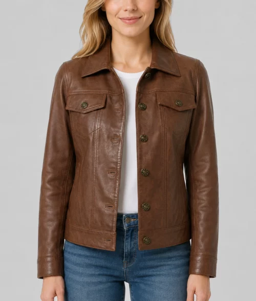 Womens Modern Brown Leather Trucker Jacket - Front