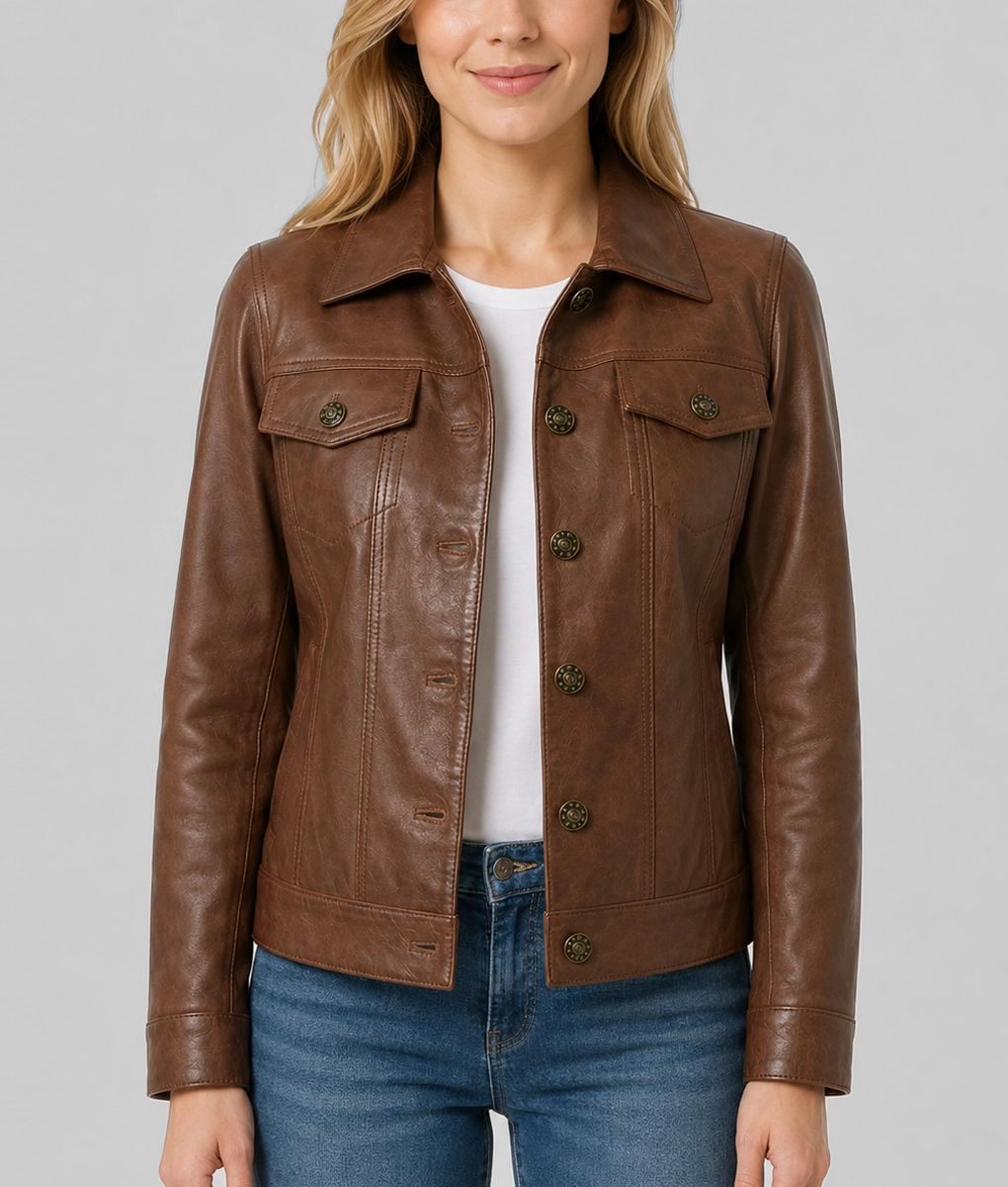 Womens Modern Brown Leather Trucker Jacket - Front