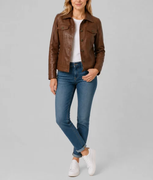 Womens Modern Brown Leather Trucker Jacket - Full