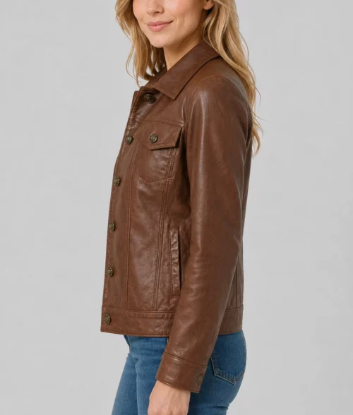 Womens Modern Brown Leather Trucker Jacket - Side