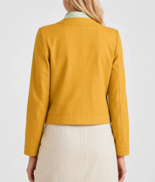 Womens Mustard Yellow Cropped Leather Jacket - Back