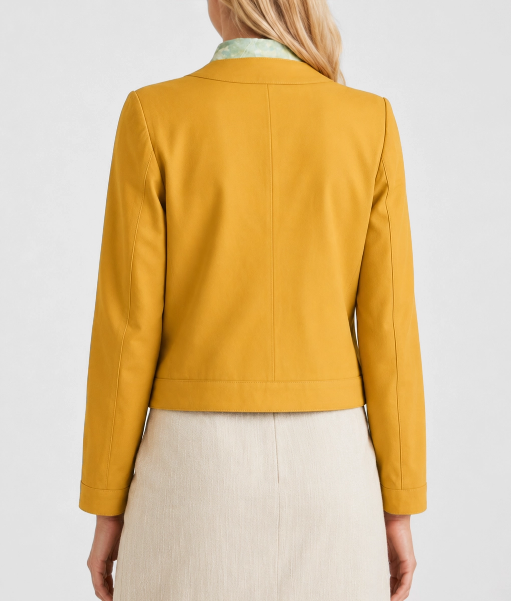 Womens Mustard Yellow Cropped Leather Jacket - Back