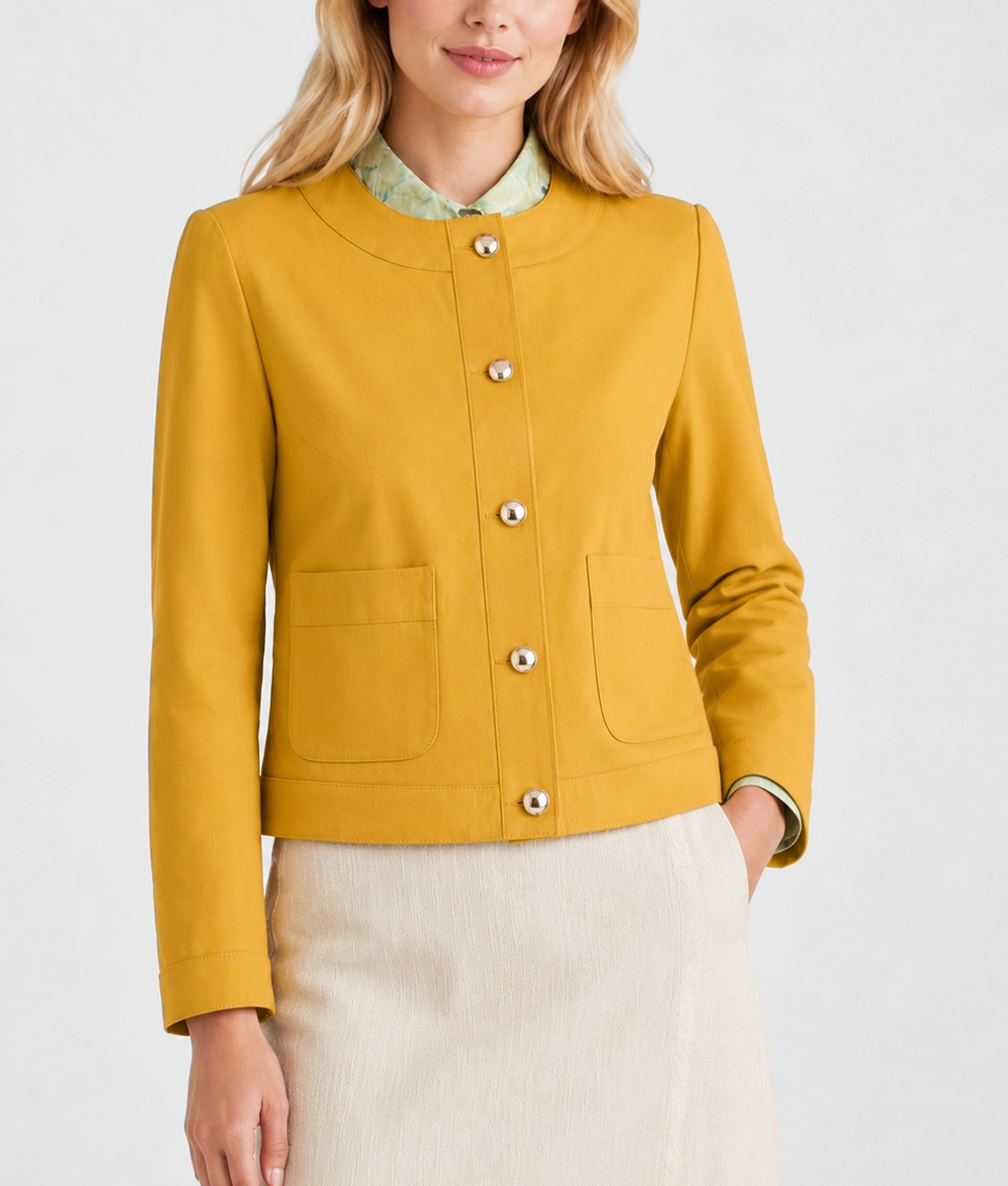 Womens Mustard Yellow Cropped Leather Jacket - Front Side