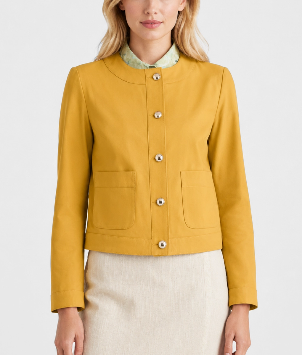 Womens Mustard Yellow Cropped Leather Jacket - Front