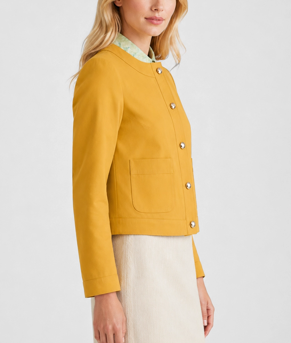 Womens Mustard Yellow Cropped Leather Jacket - Side