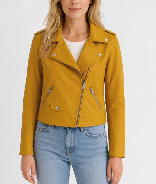 Womens Mustard Yellow Double Rider Leather Jacket - Front 1