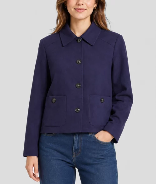 Womens Premium Navy Blue Suede Short Jacket - Front