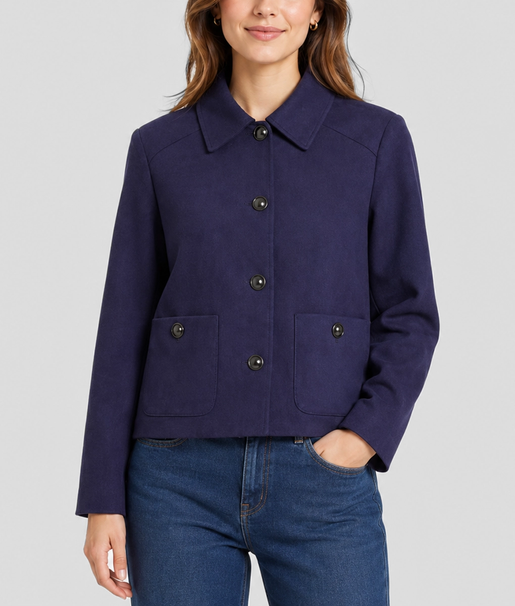 Womens Premium Navy Blue Suede Short Jacket - Front