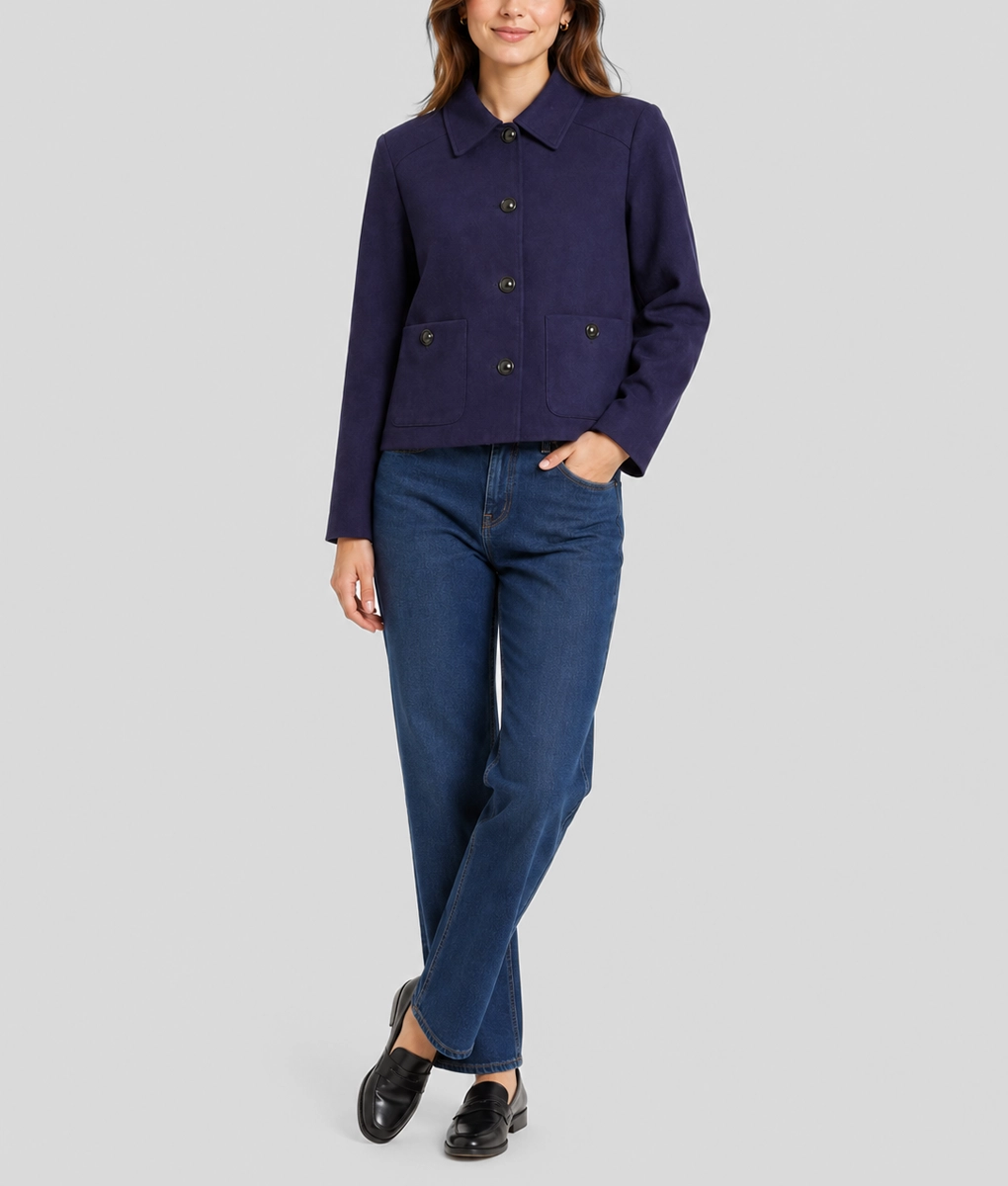 Womens Premium Navy Blue Suede Short Jacket - Full