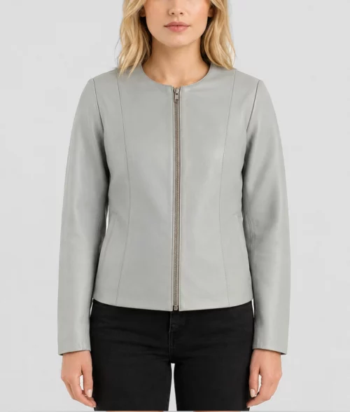 Womens Refined Light Grey Leather Jacket - Front