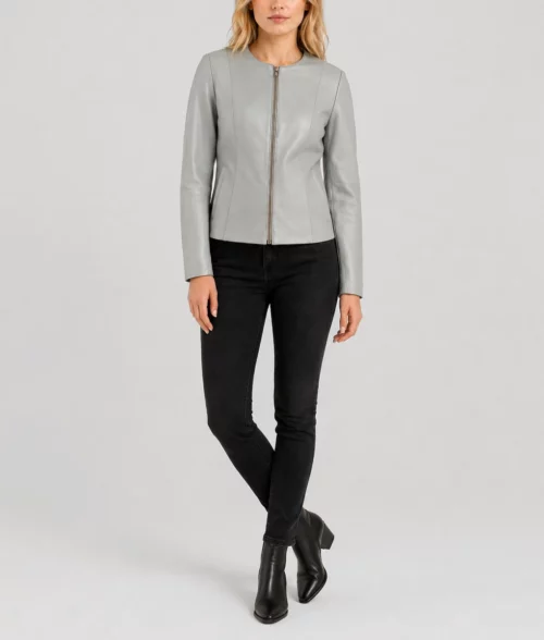 Womens Refined Light Grey Leather Jacket - Full