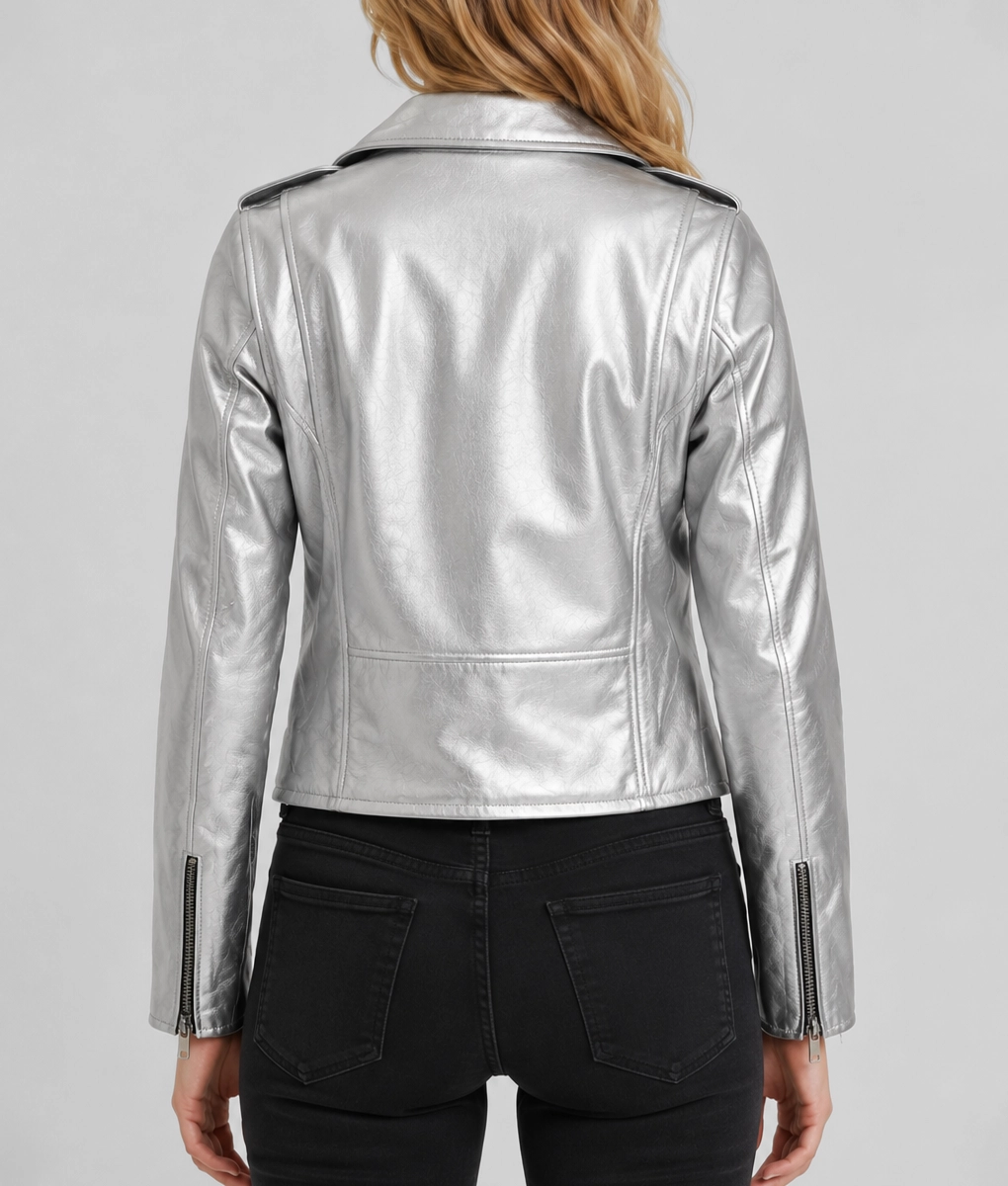 Womens Silver Leather Double Rider Jacket - Back