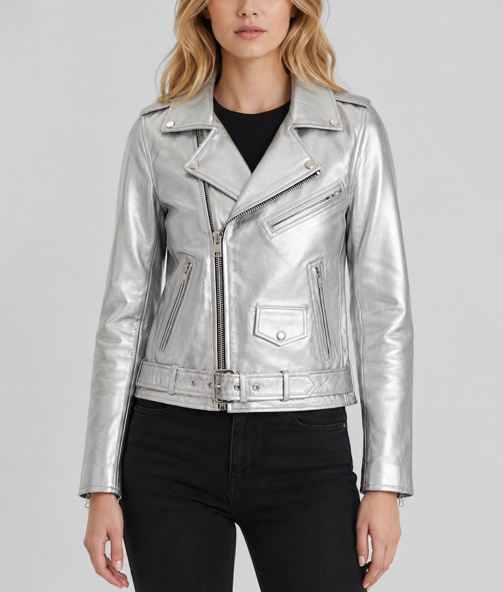 Womens Silver Leather Double Rider Jacket - Front