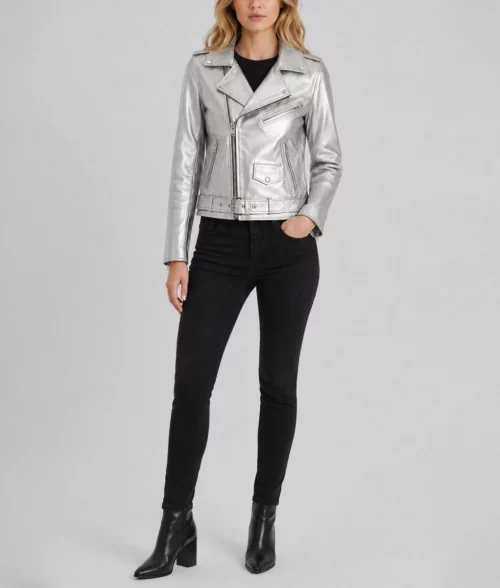 Womens Silver Leather Double Rider Jacket - Full