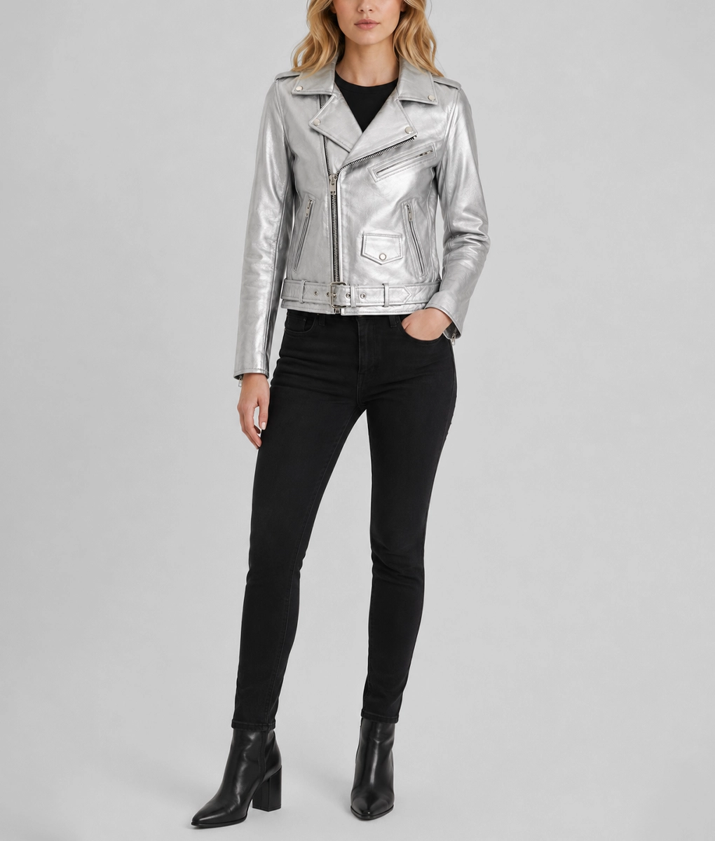 Womens Silver Leather Double Rider Jacket - Full