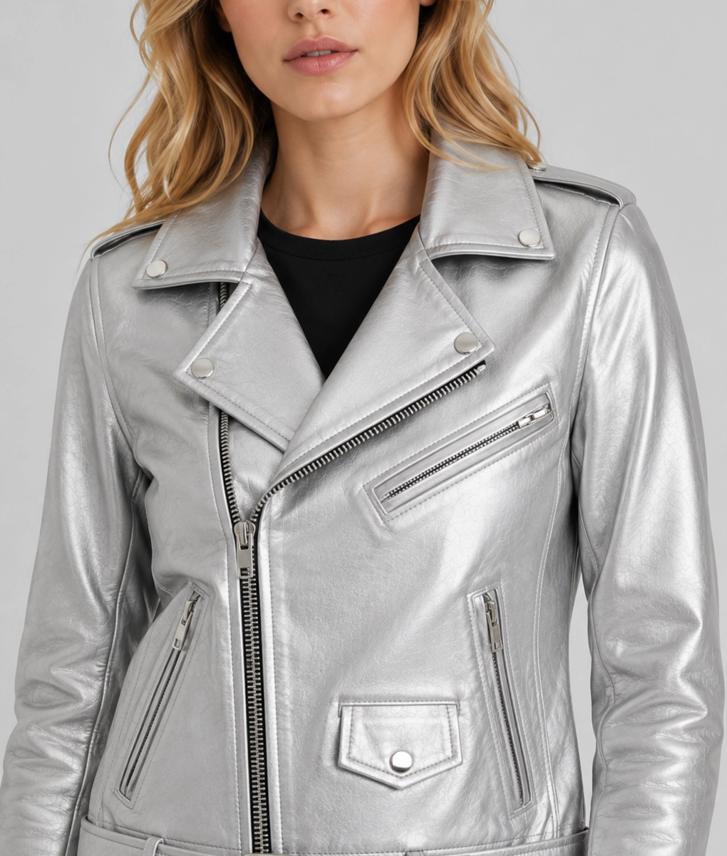 Womens Silver Leather Double Rider Jacket - Zoom