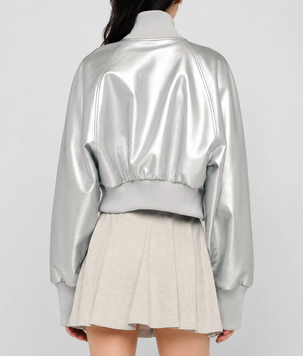 Womens Silver Metallic Leather Bomber Jacket - Back