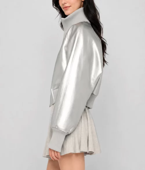 Womens Silver Metallic Leather Bomber Jacket - Side