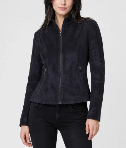 Womens Slim Fit Navy Blue Suede Leather Jacket - Front