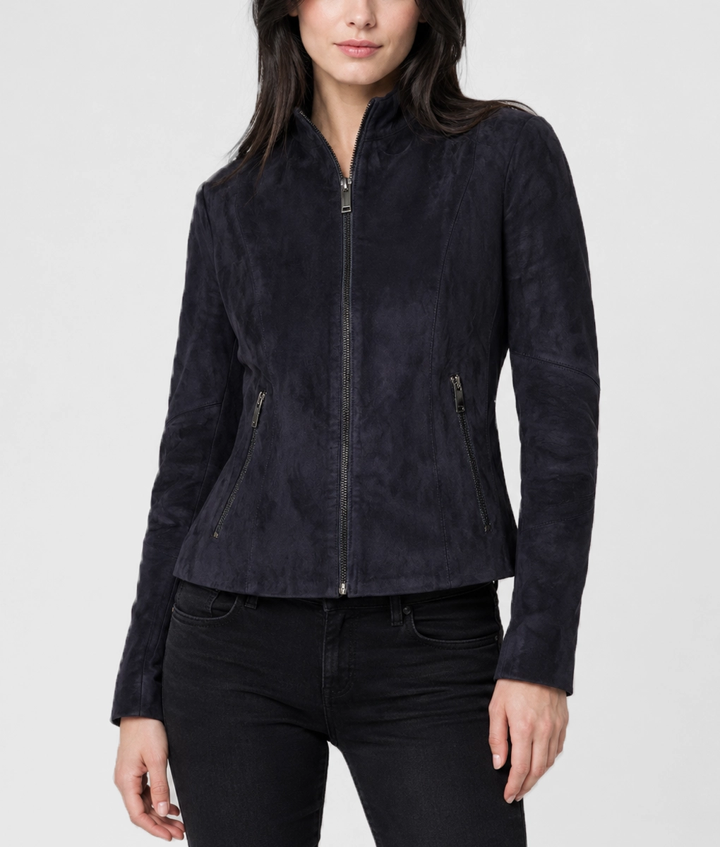 Womens Slim Fit Navy Blue Suede Leather Jacket - Front