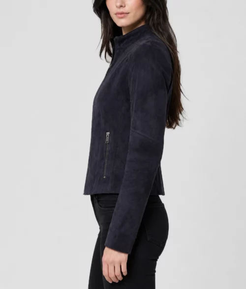 Womens Slim Fit Navy Blue Suede Leather Jacket - Side