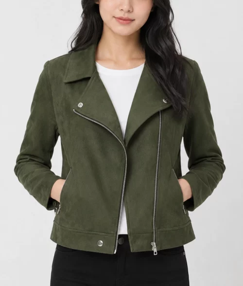 Womens Slim Fit Olive Green Suede Moto Jacket - Front