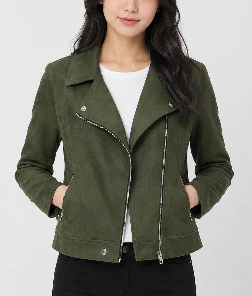 Womens Slim Fit Olive Green Suede Moto Jacket - Front