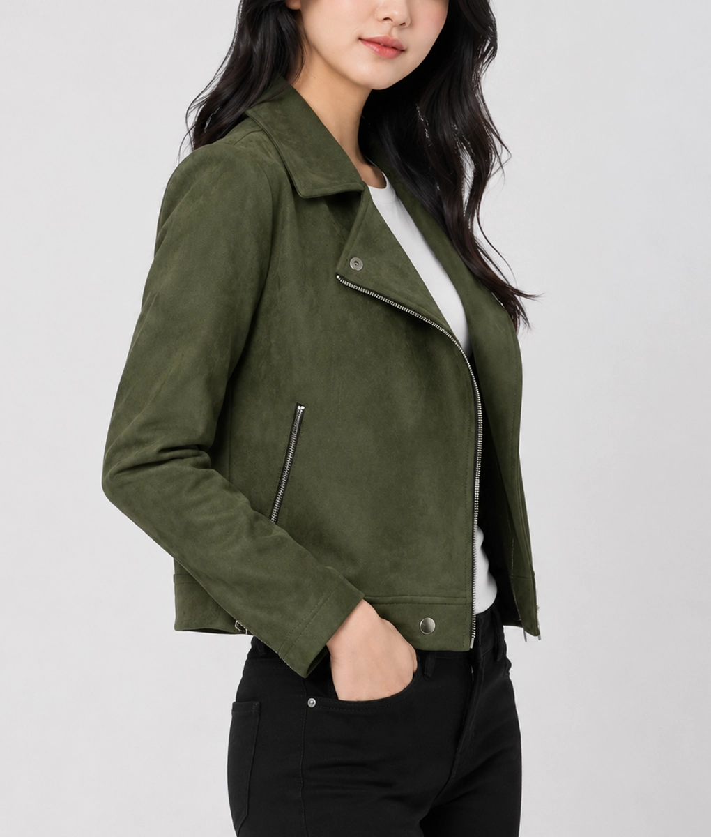 Womens Slim Fit Olive Green Suede Moto Jacket - Side