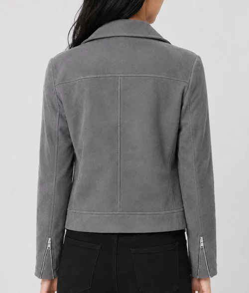 Womens Slim Fit Olive Grey Suede Moto Jacket - Back
