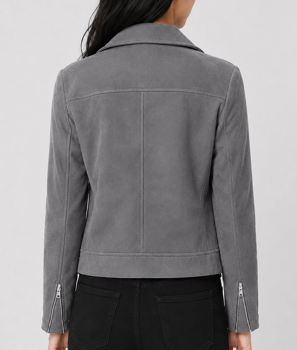 Womens Slim Fit Olive Grey Suede Moto Jacket - Back