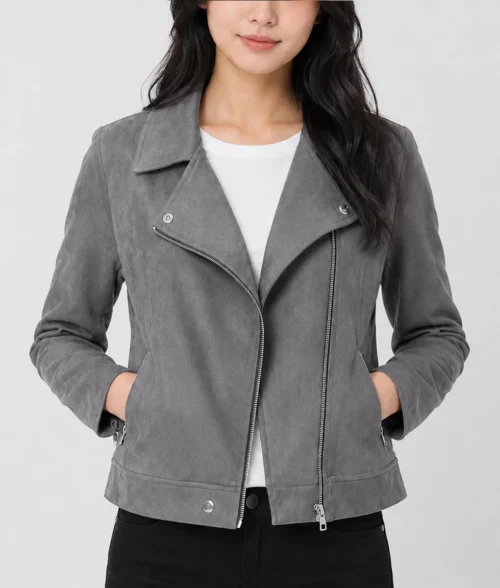 Womens Slim Fit Olive Grey Suede Moto Jacket - Front