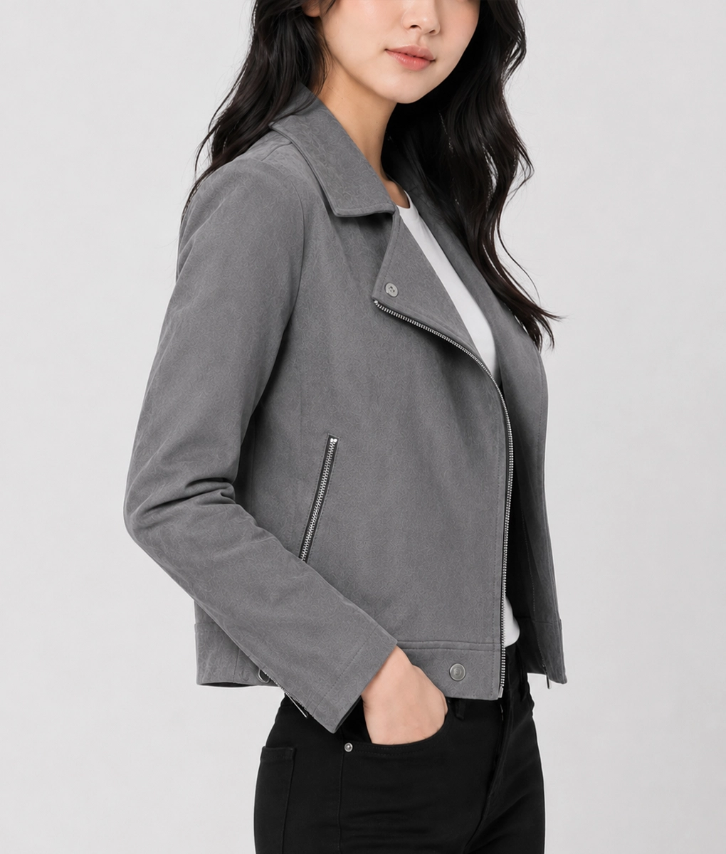 Womens Slim Fit Olive Grey Suede Moto Jacket - Side