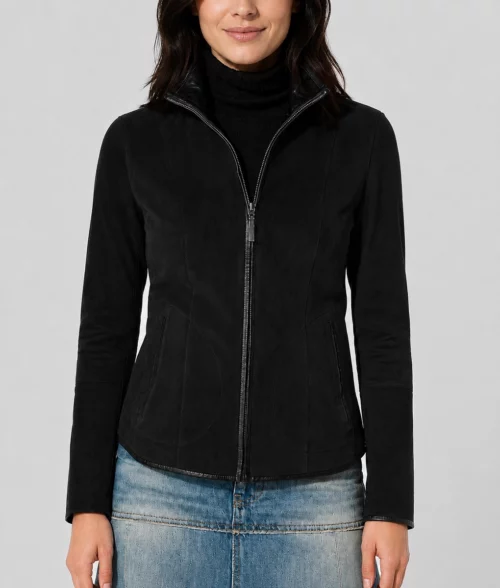 Womens SlimFit Black Suede Jacket - Front