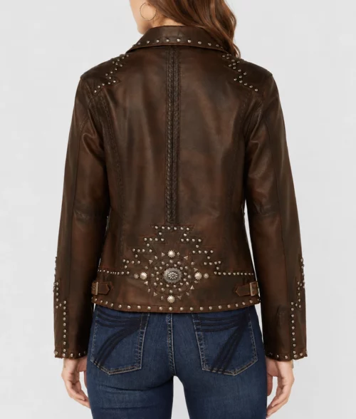 Womens Western Embellishments Brown Leather Jacket - Back