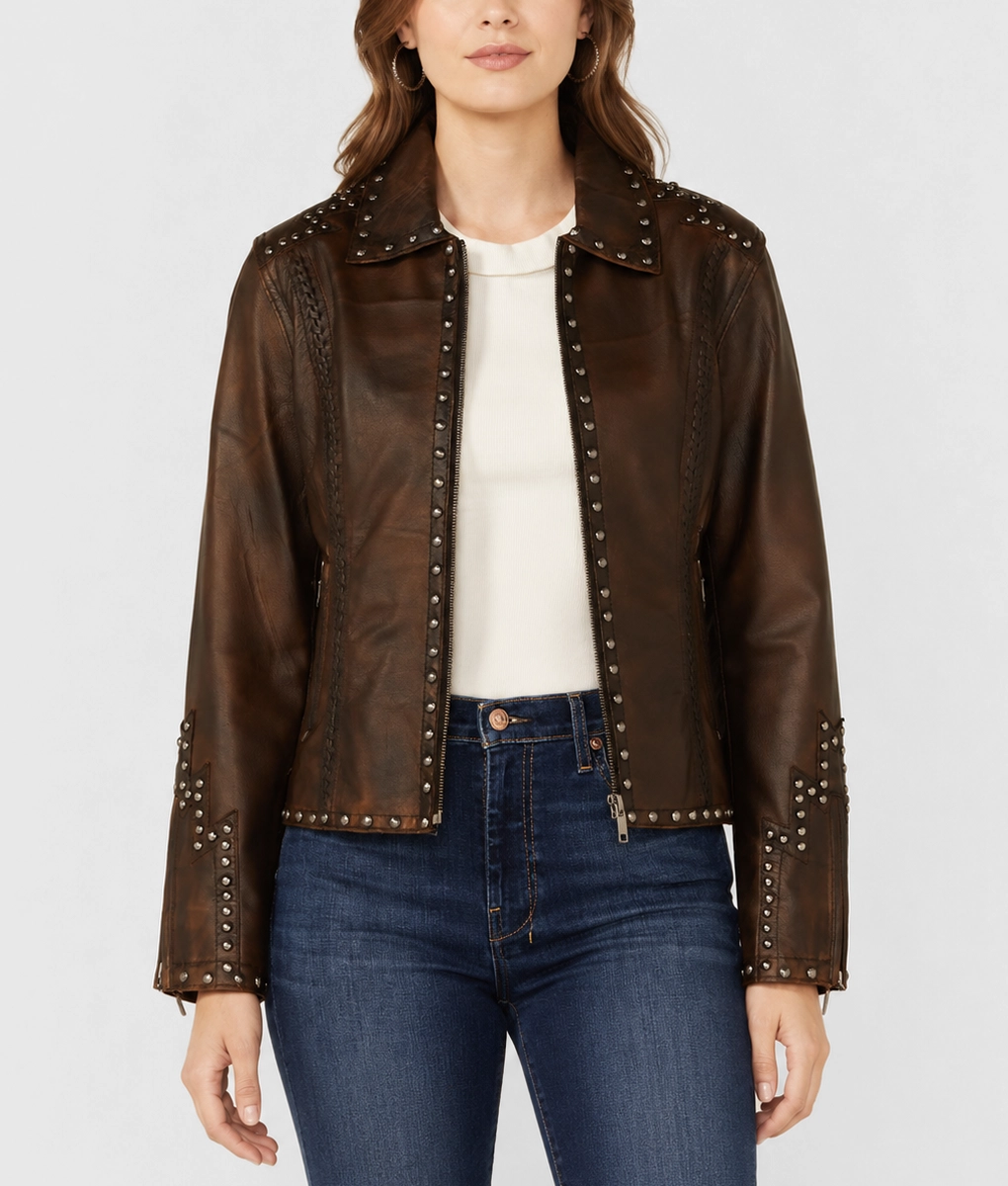Womens Western Embellishments Brown Leather Jacket - Front