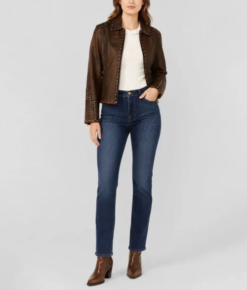 Womens Western Embellishments Brown Leather Jacket - Full