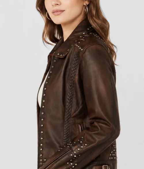 Womens Western Embellishments Brown Leather Jacket - Side