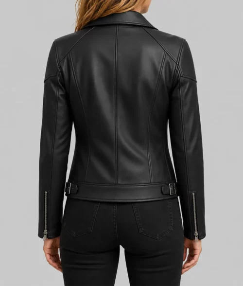 Anna Pigeon Tracy Spiridakos Black Leather Biker Jacket - Back View