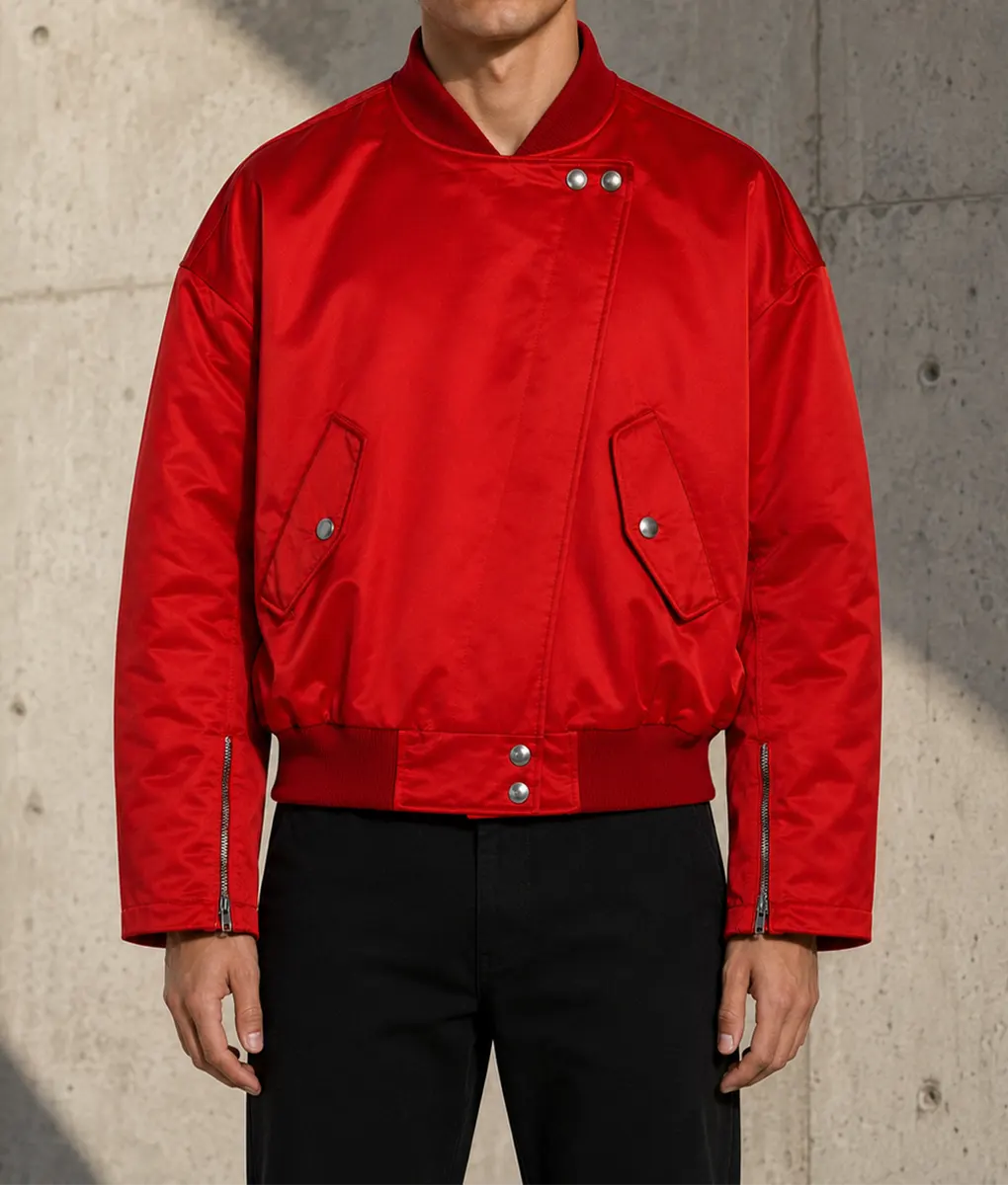 Harry Styles Red Satin Bomber Jacket - Front View