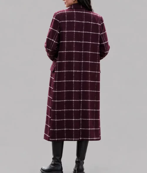 Only Murders In The Building Selena Gomez Burgundy Plaid Coat - Back View