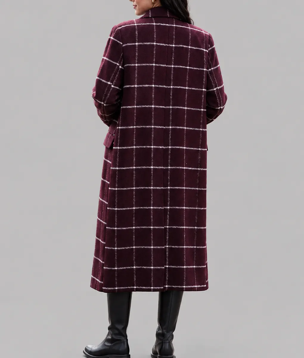 Only Murders In The Building Selena Gomez Burgundy Plaid Coat - Back View