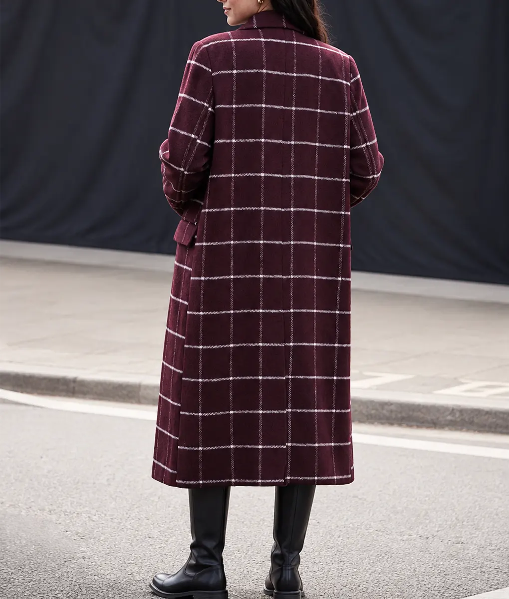 Only Murders In The Building Selena Gomez Burgundy Plaid Coat - Back